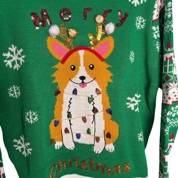 Joyland Green Corgi Christmas Sweater Ugly Holiday Sweater Women Size Medium - Picture 2 of 8